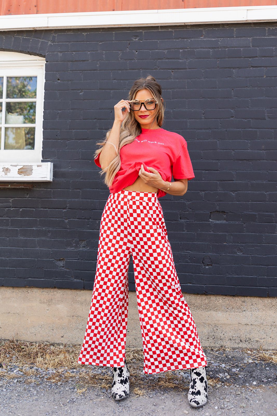 Red pants with checkered stripe online