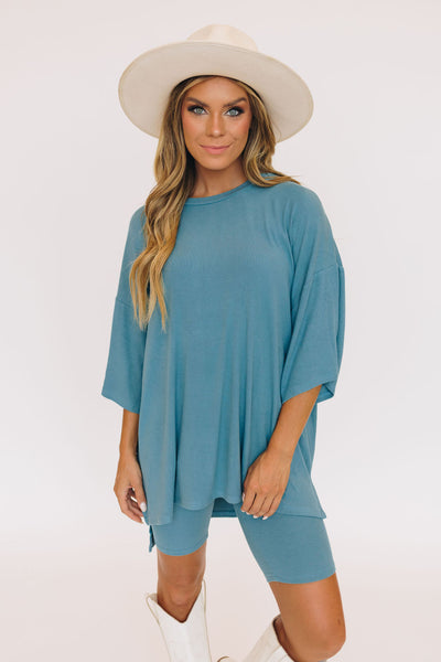 Day Dreamer Ribbed Biker Set - Steel Blue