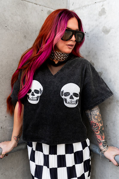 Double Trouble Beaded Skull Tee