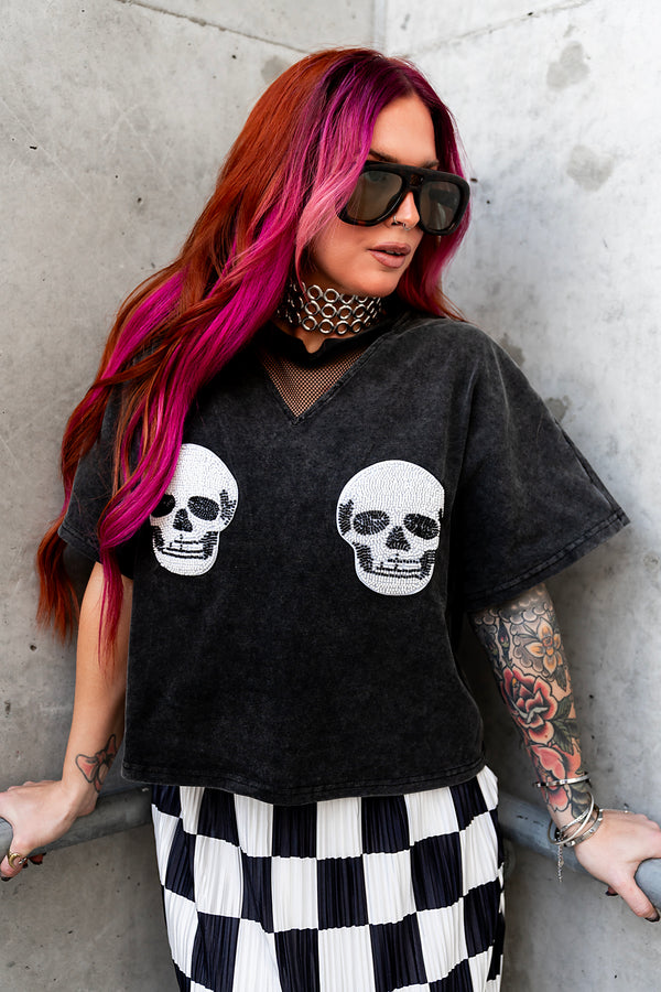 Double Trouble Beaded Skull Tee