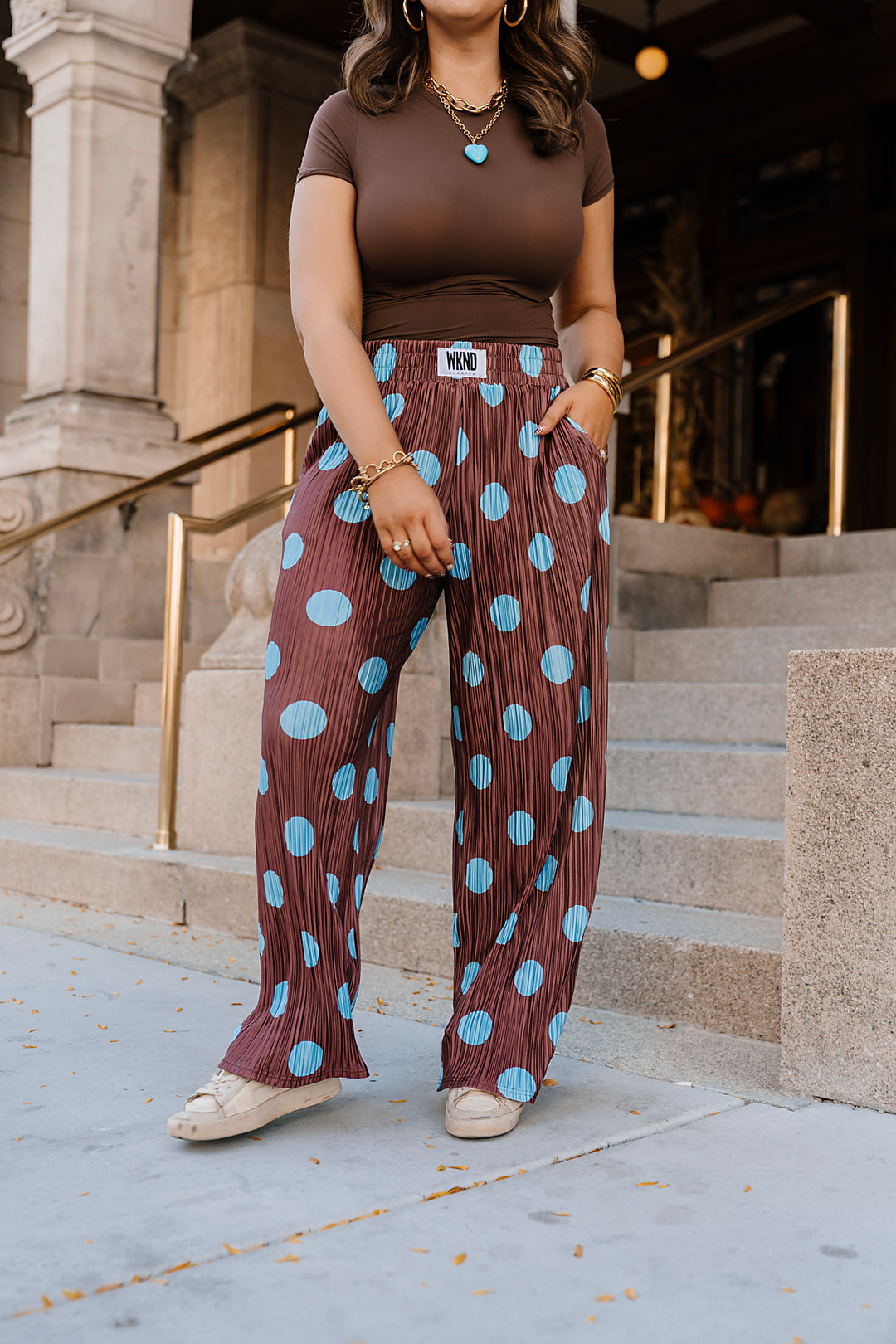 Polka Dot Plisse Pants- Blue/Brown