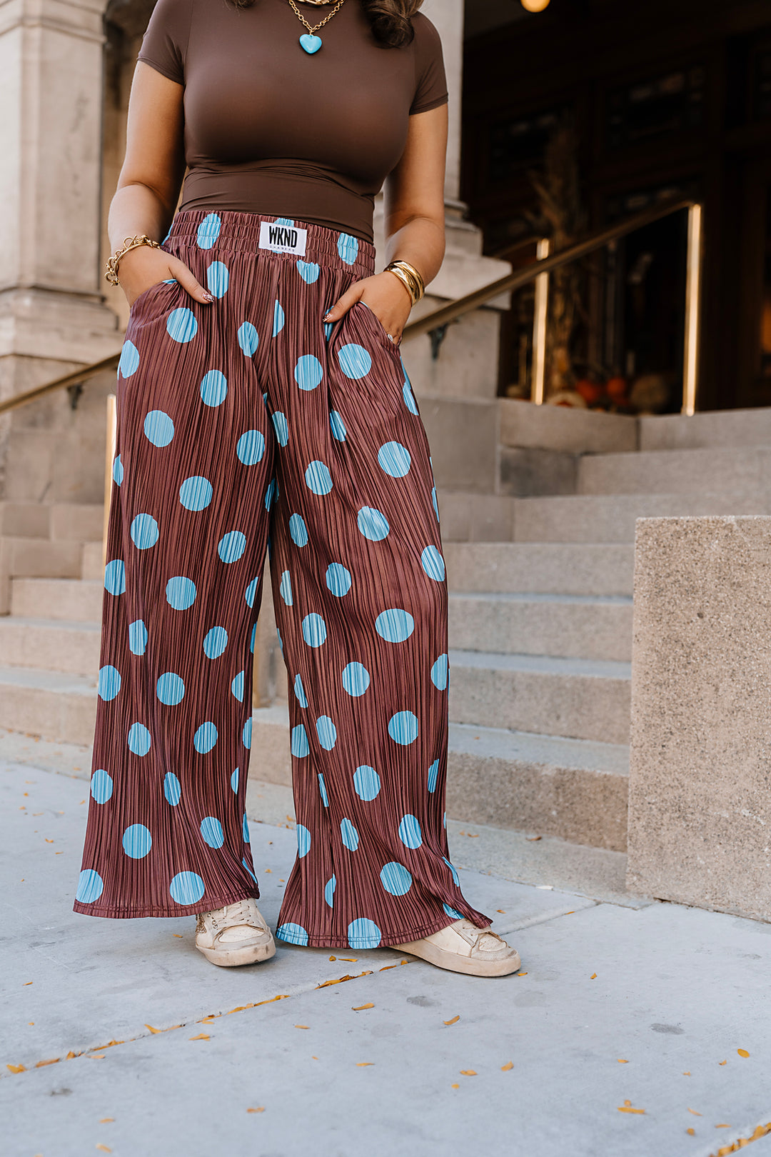 Polka Dot Plisse Pants- Blue/Brown