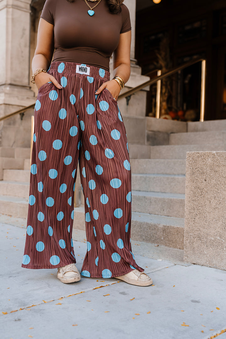 Polka Dot Plisse Pants- Blue/Brown