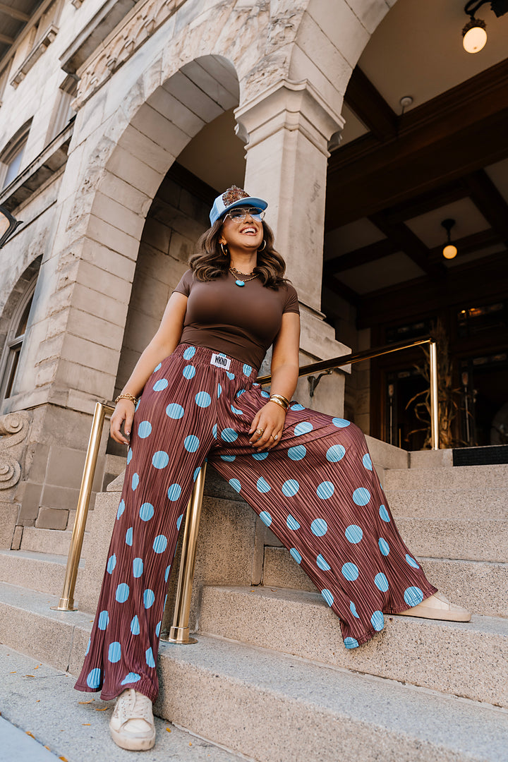 Polka Dot Plisse Pants- Blue/Brown