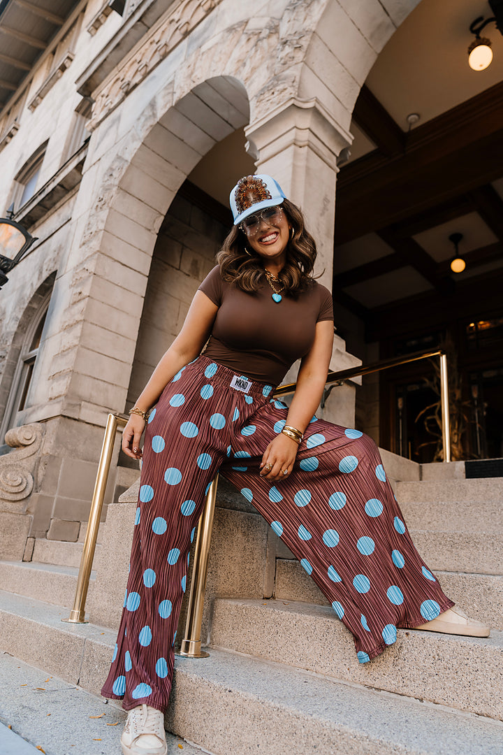 Polka Dot Plisse Pants- Blue/Brown