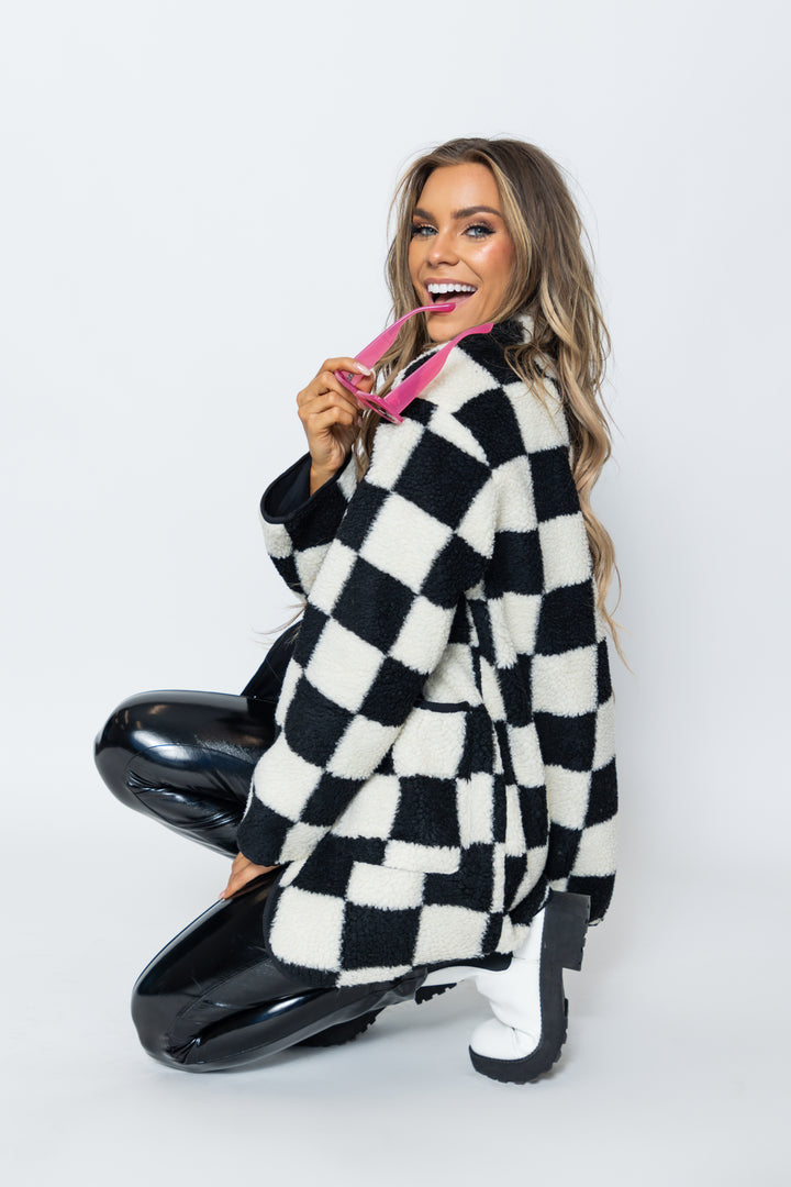 Check Mate Button Front Coat with Pockets [S-3X]