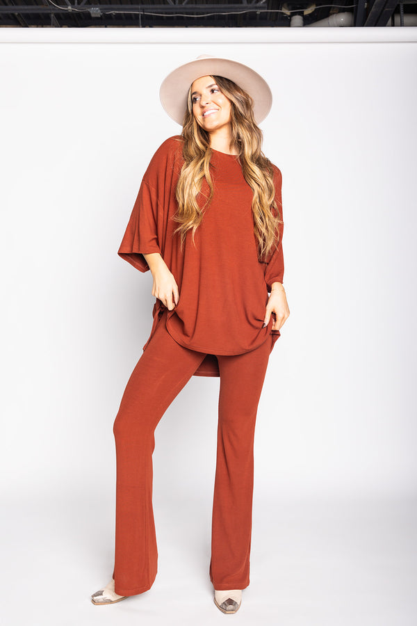 Day Dreamer Ribbed Pant Set - Cinnamon