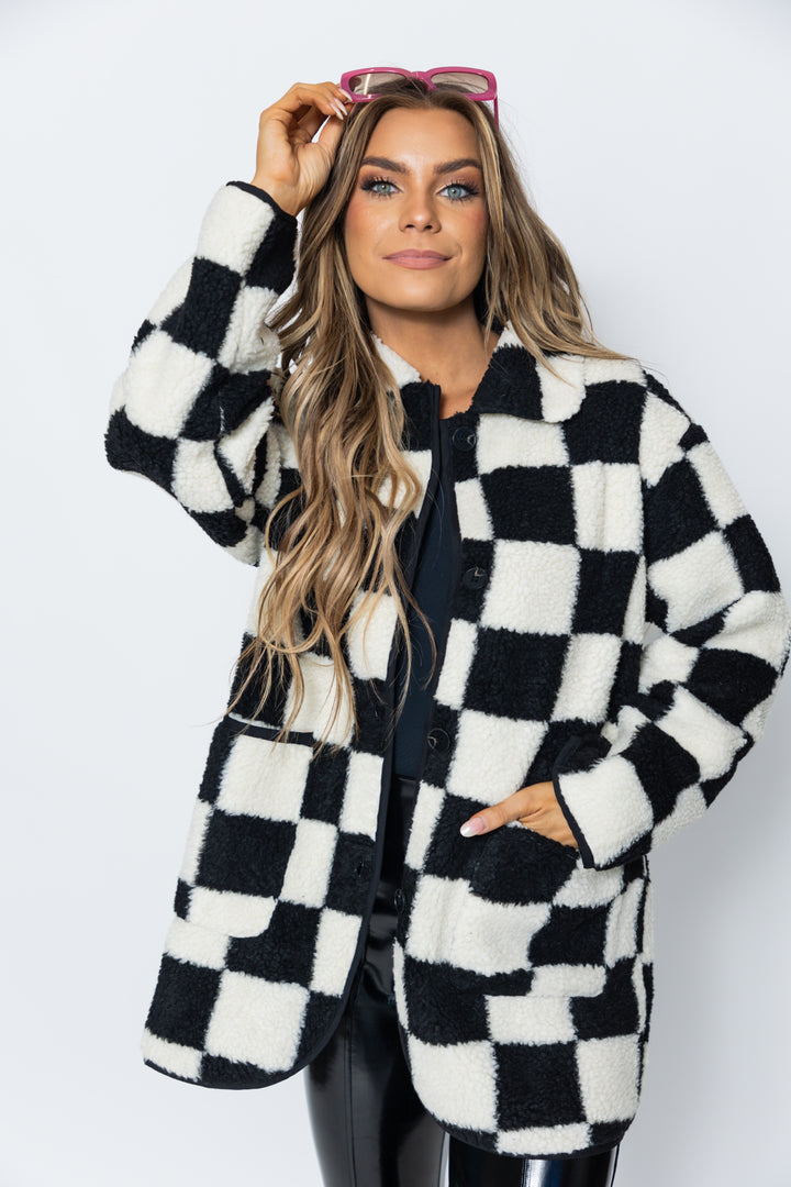Check Mate Button Front Coat with Pockets [S-3X]