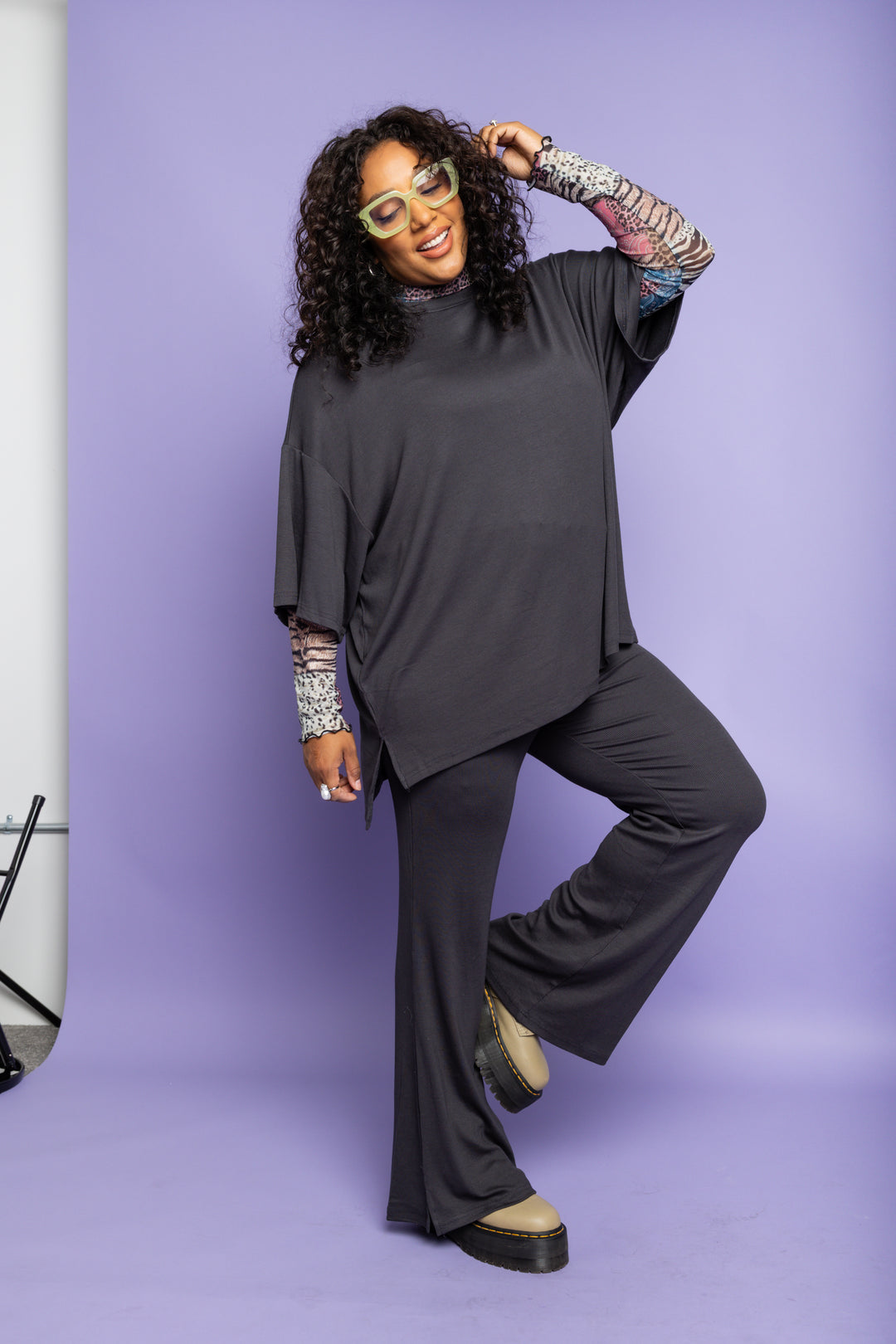 Day Dreamer Ribbed Pant Set - Charcoal