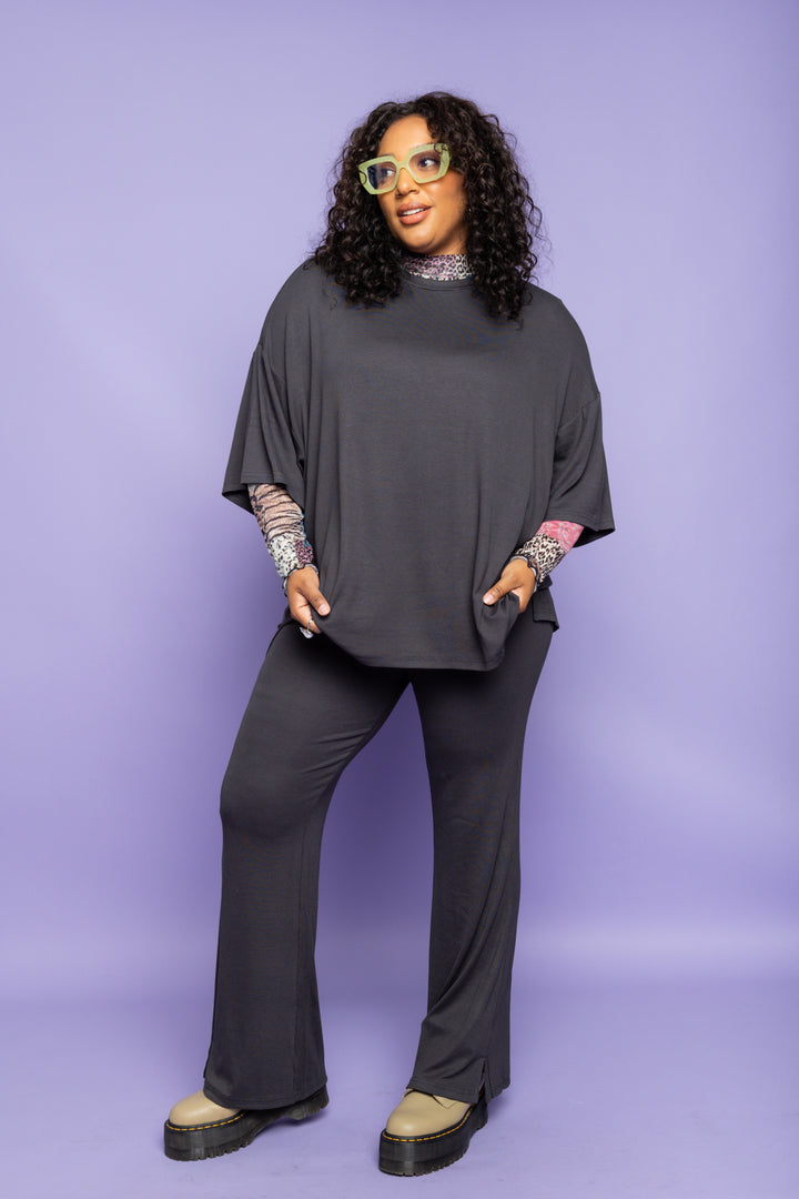 Day Dreamer Ribbed Pant Set - Charcoal