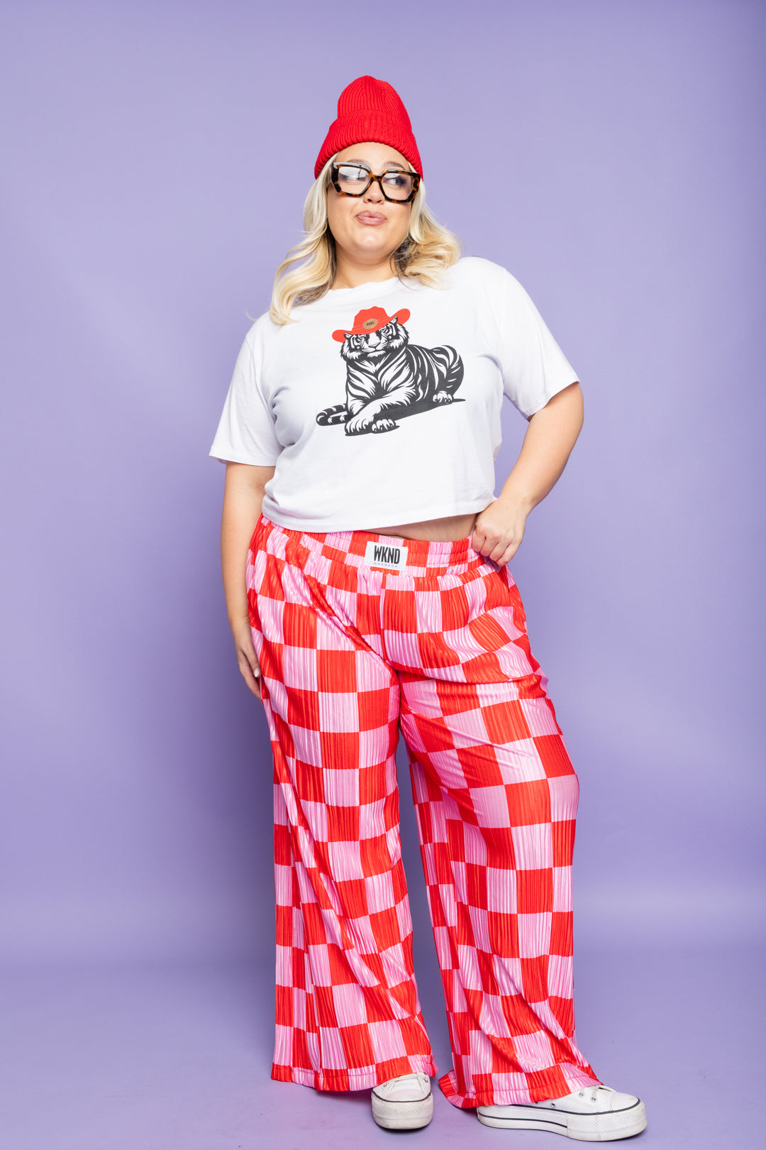 Checkered Plisse Pants - Red & Pink