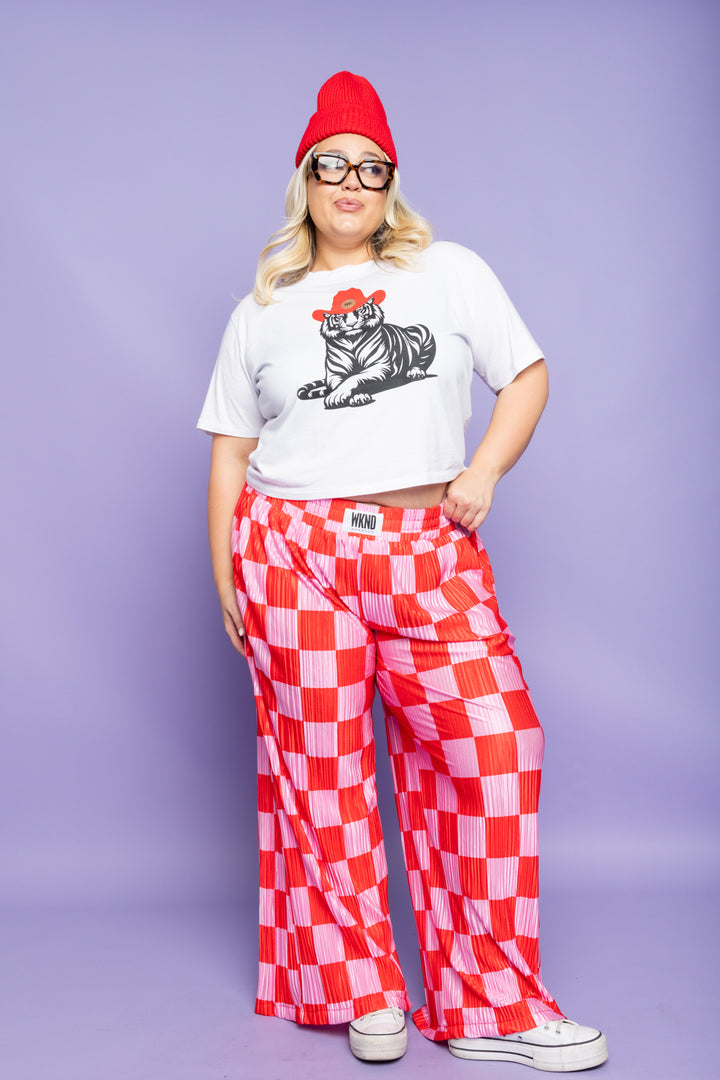 Checkered Plisse Pants - Red & Pink
