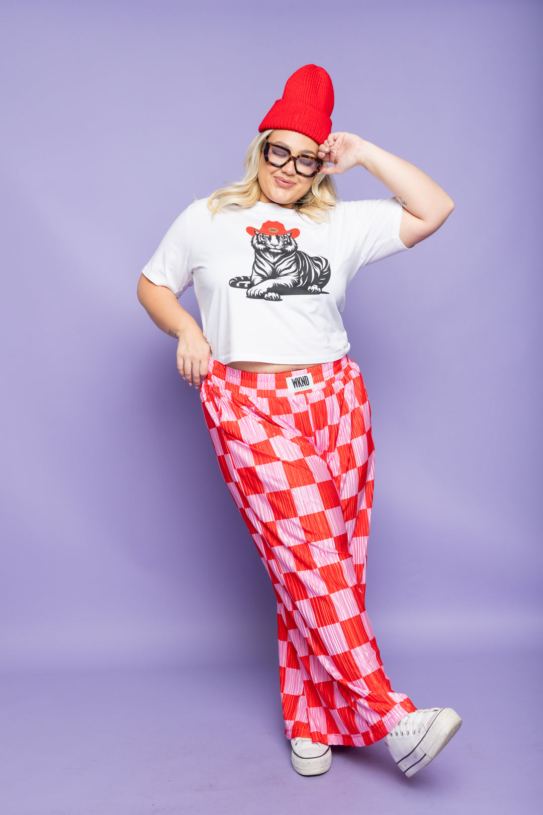 Checkered Plisse Pants - Red & Pink