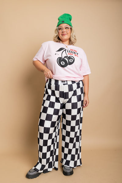 Checkered Plisse Pants - Black
