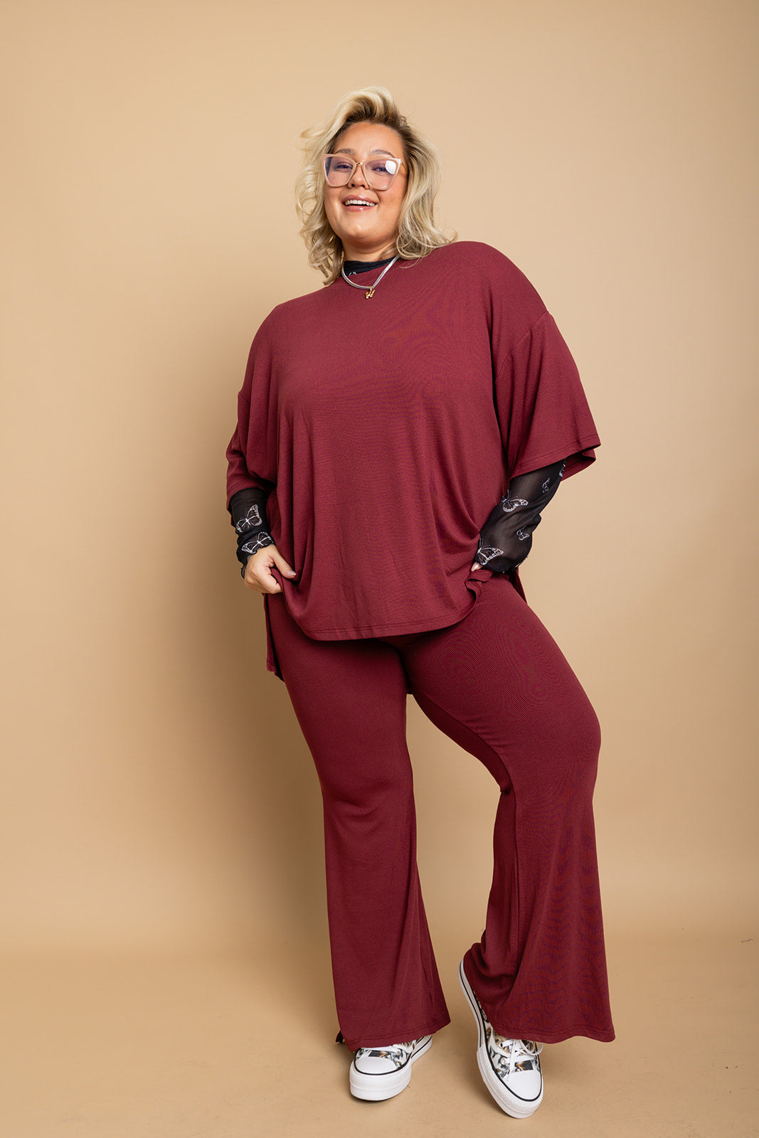 Day Dreamer Ribbed Pant Set - Maroon [S-3X]