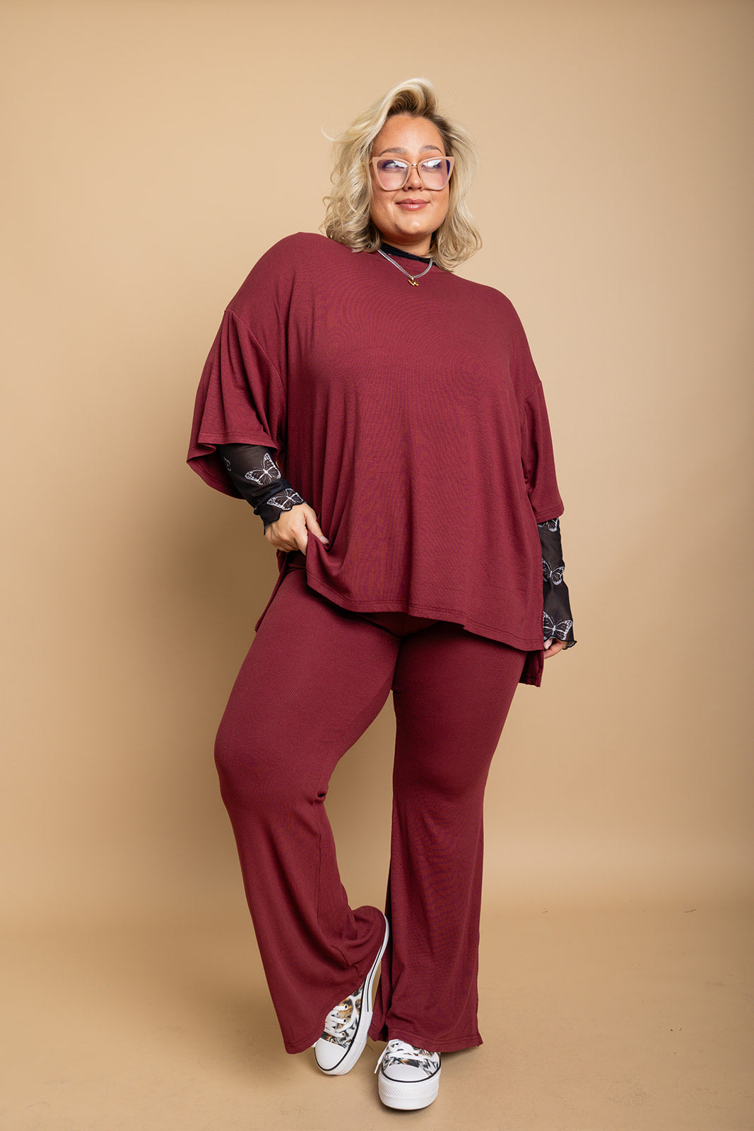 Day Dreamer Ribbed Pant Set - Maroon [S-3X]