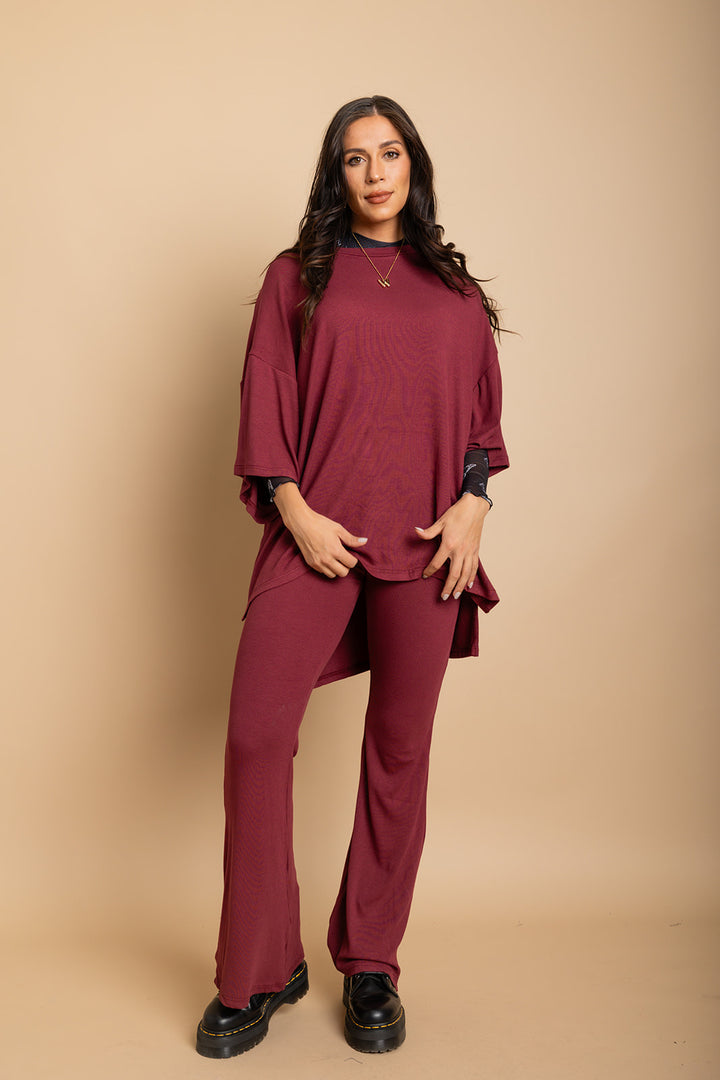 Day Dreamer Ribbed Pant Set - Maroon [S-3X]