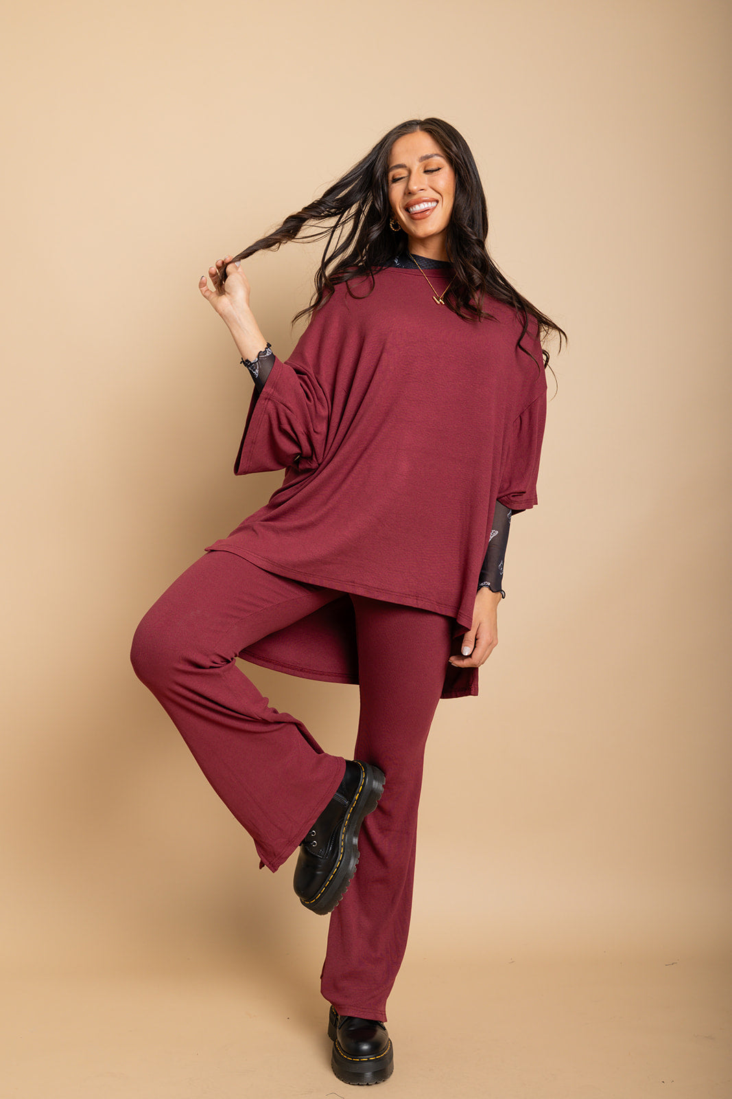 Day Dreamer Ribbed Pant Set - Maroon [S-3X]