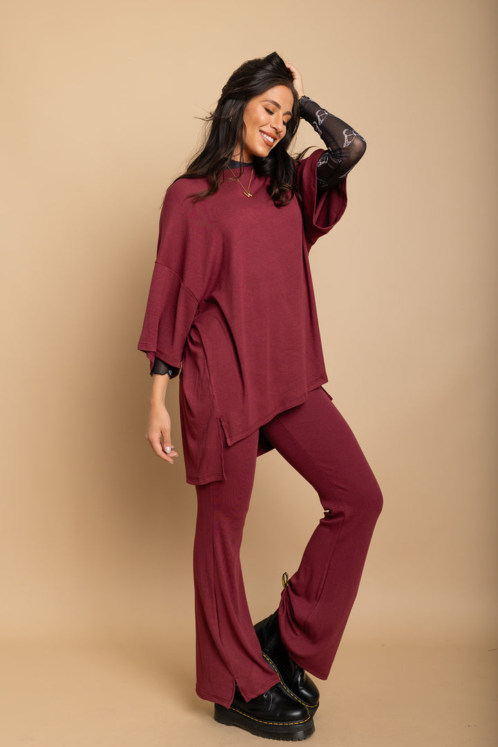 Day Dreamer Ribbed Pant Set - Maroon [S-3X]