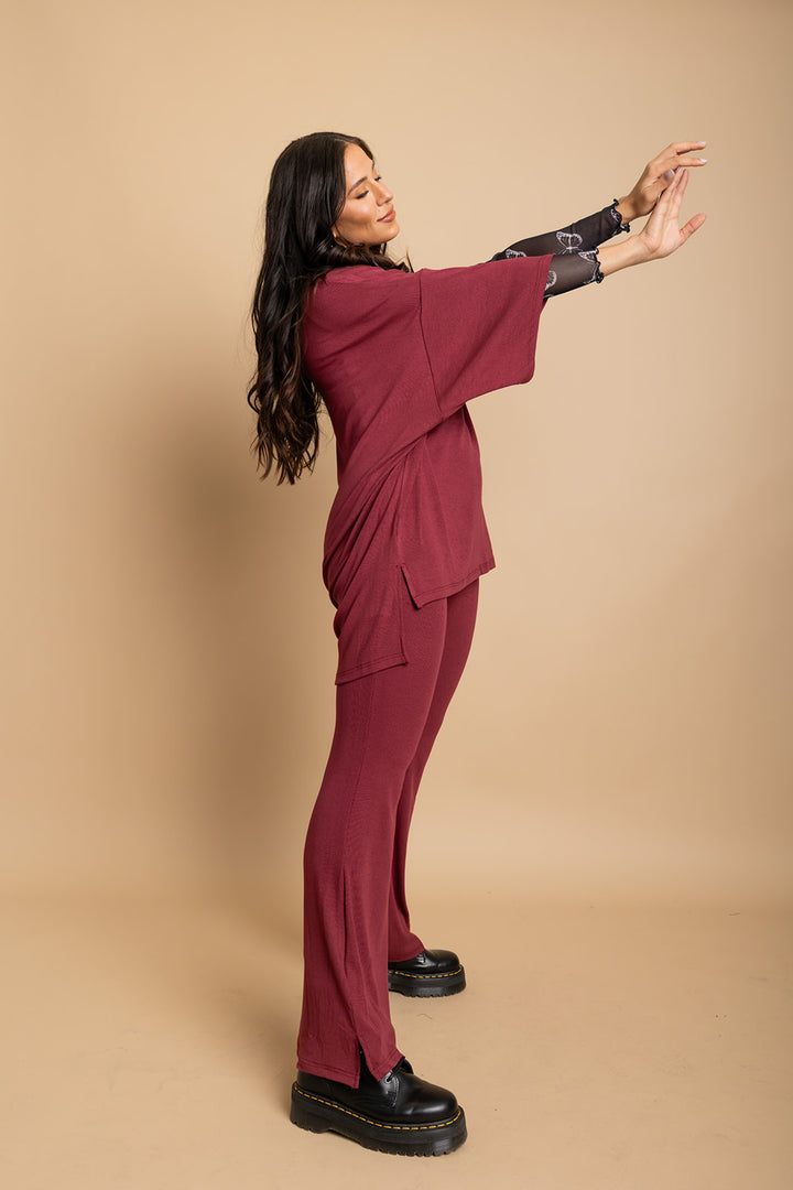 Day Dreamer Ribbed Pant Set - Maroon [S-3X]