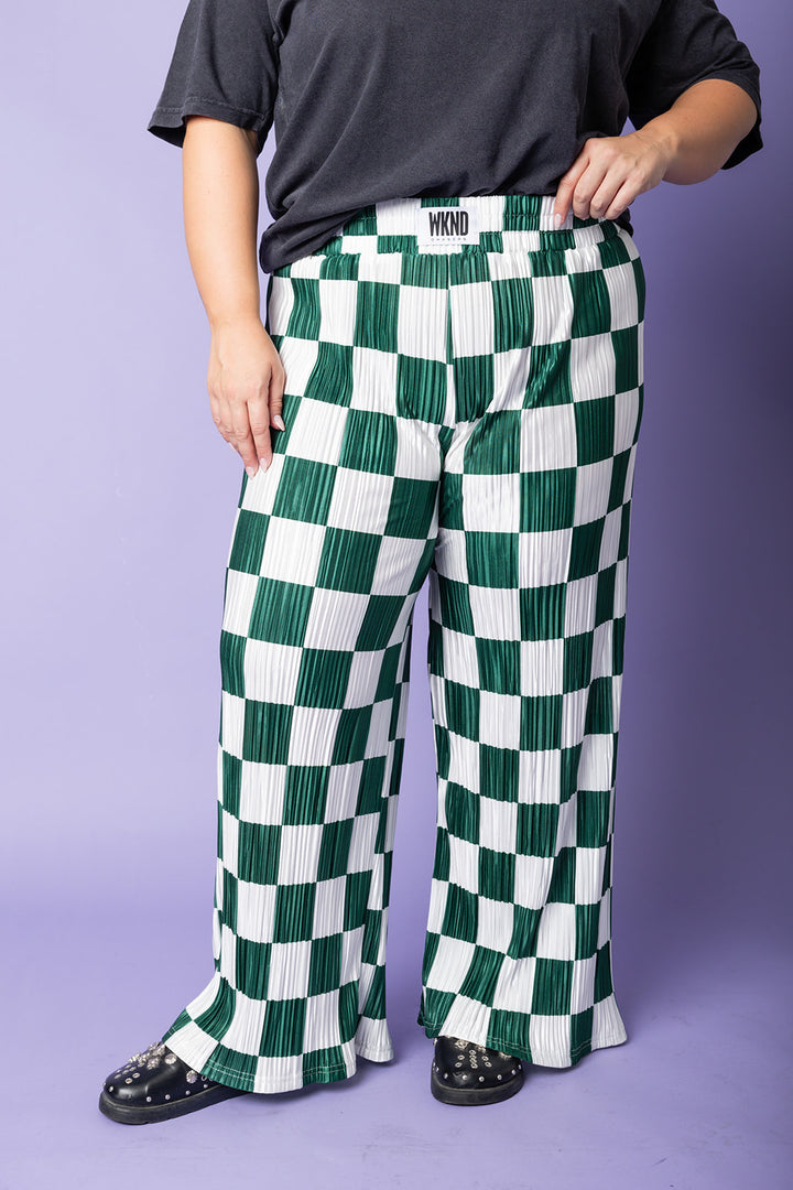 Checkered Plisse Pants - Emerald [S-3X]