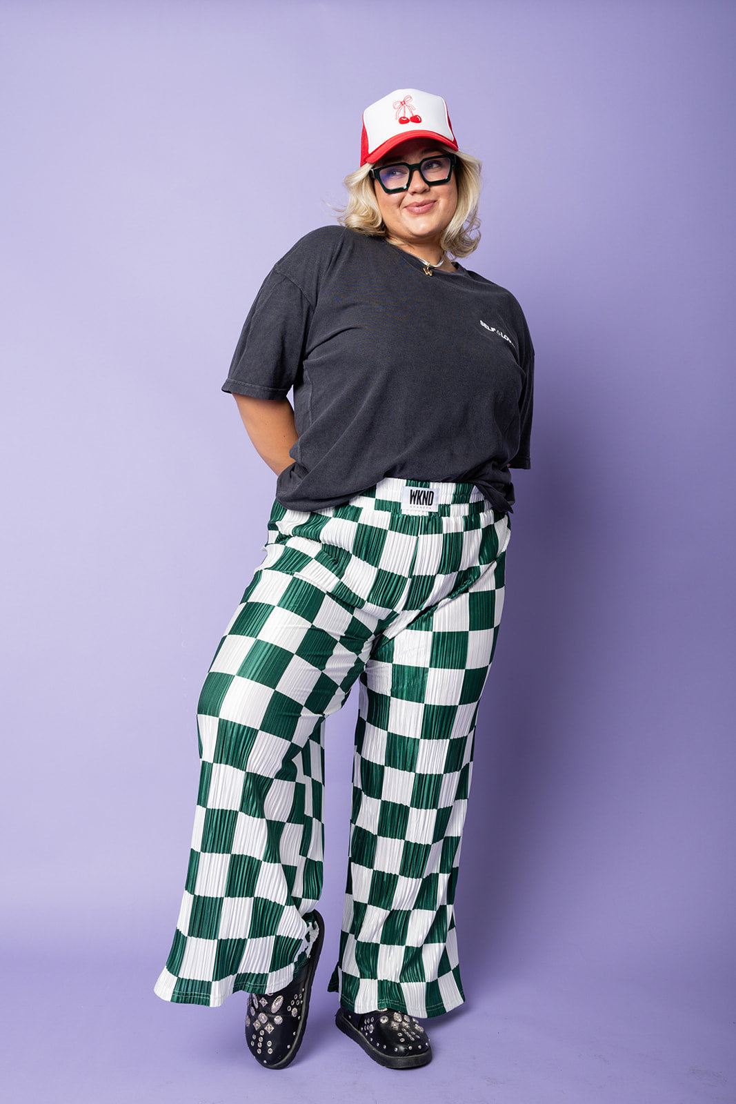 Checkered Plisse Pants - Emerald [S-3X]