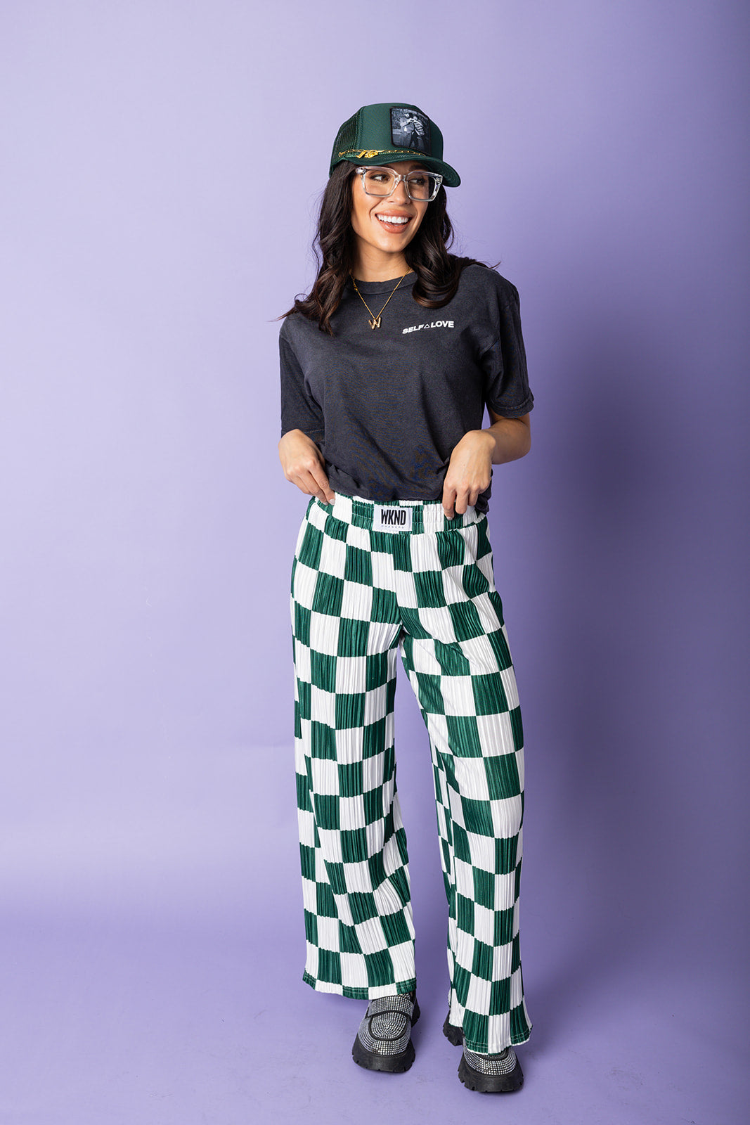 Checkered Plisse Pants - Emerald [S-3X]