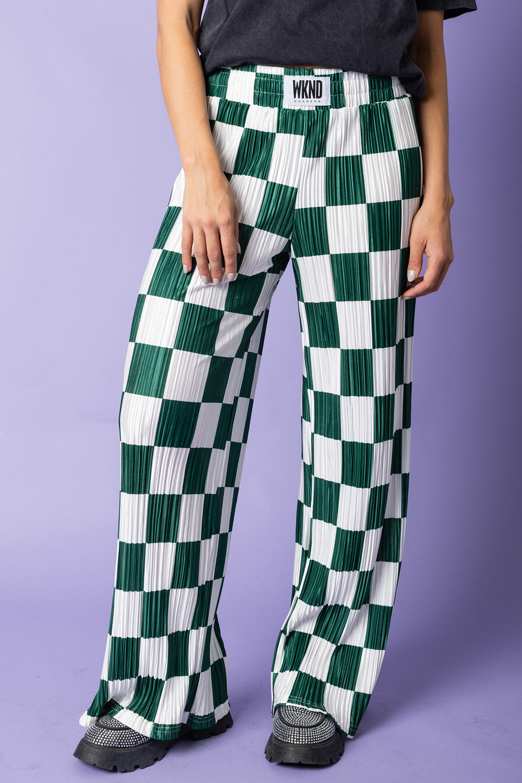 Checkered Plisse Pants - Emerald [S-3X]