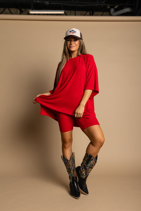 Day Dreamer Ribbed Biker Set - Red