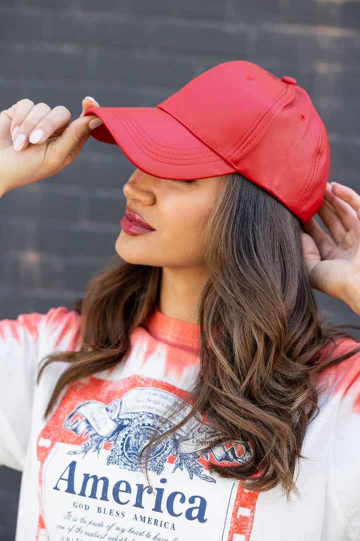 Faux Leather Hat - Red