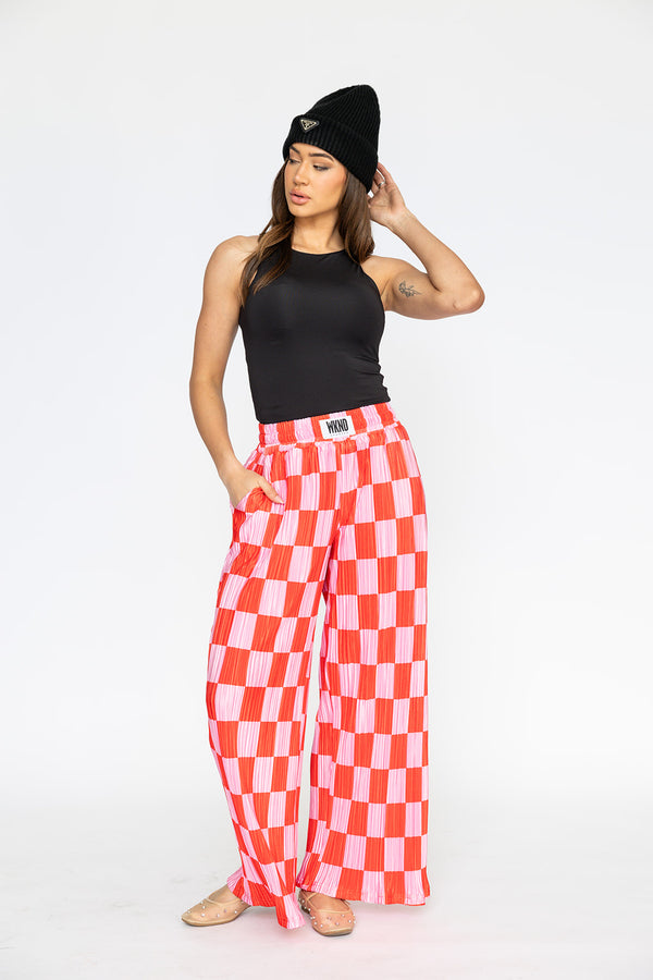 Checkered Plisse Pants - Red & Pink