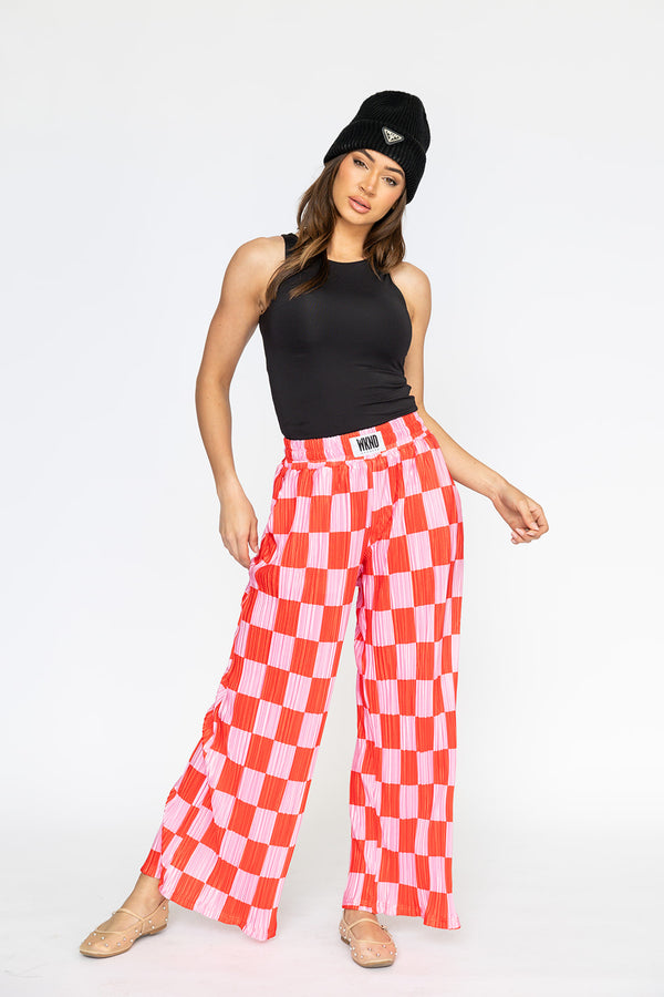 Checkered Plisse Pants - Red & Pink