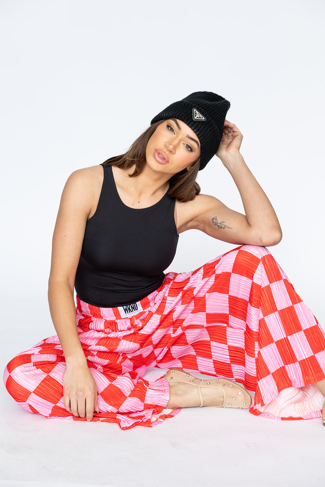 Checkered Plisse Pants - Red & Pink