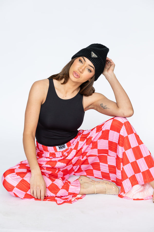 Checkered Plisse Pants - Red & Pink