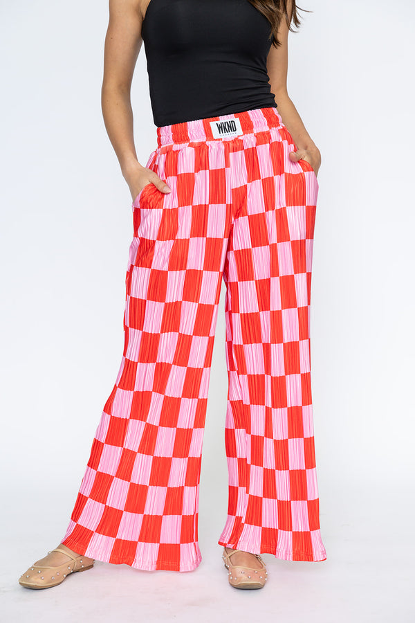 Checkered Plisse Pants - Red & Pink