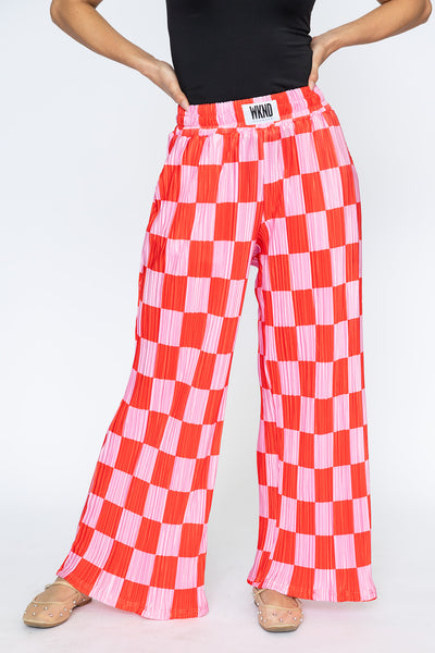 Checkered Plisse Pants - Red & Pink