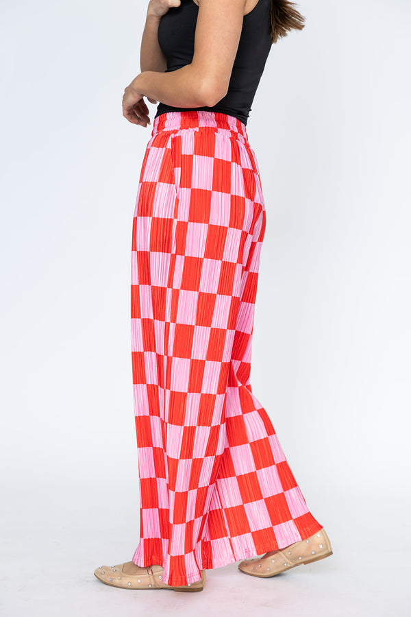 Checkered Plisse Pants - Red & Pink