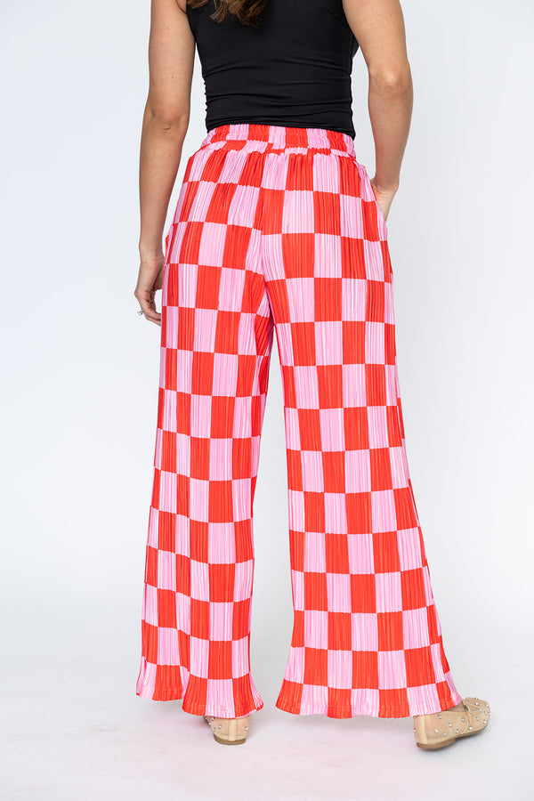 Checkered Plisse Pants - Red & Pink
