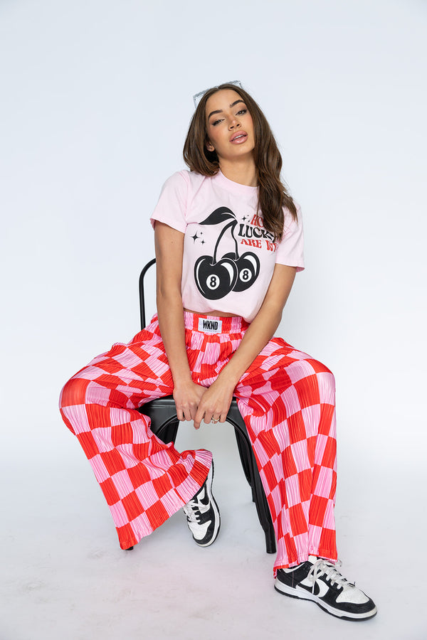 Checkered Plisse Pants - Red & Pink