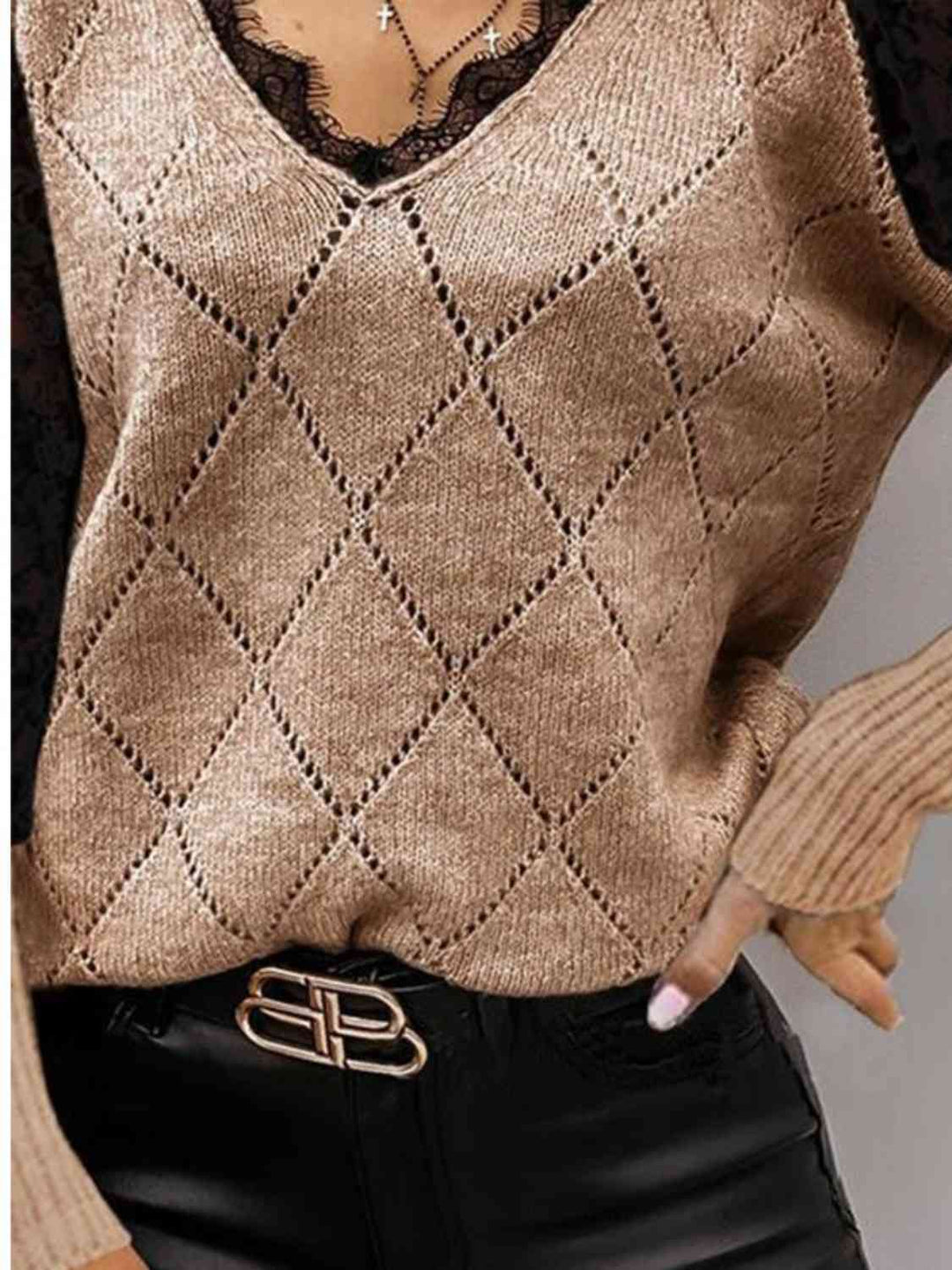 Lace V Neck Two Tone Sweater